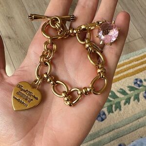 Juicy Couture Y2K Gold-Tone Heart Charm Bracelet with Pink Crystal